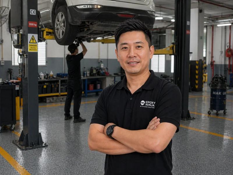 Colorflake floor in automotive workshop