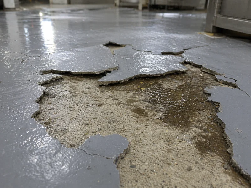 Peeling epoxy floor close-up with concrete beneath