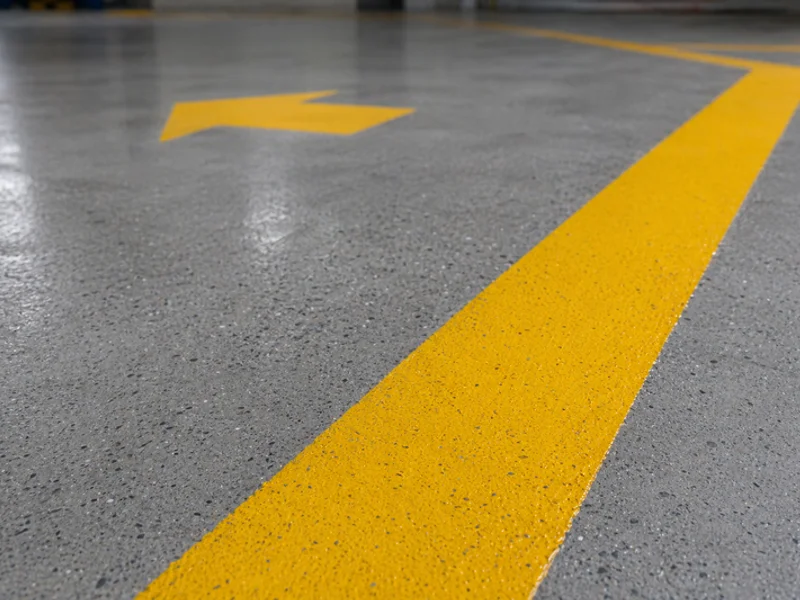 Yellow safety walkway line with directional arrow