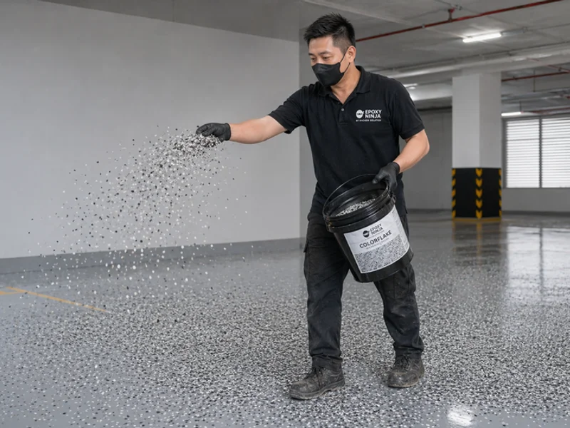 Colorflake chip broadcast into wet epoxy base