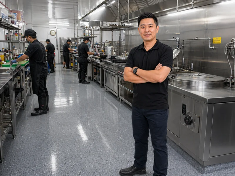 Commercial kitchen with colorflake epoxy and coving