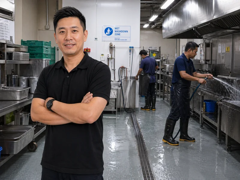 Commercial kitchen with R12 hygienic PU floor and drainage