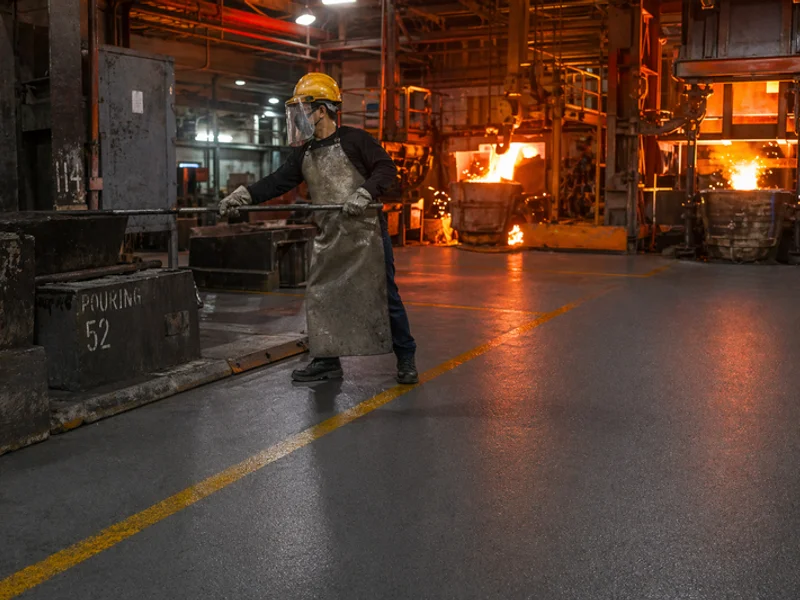 Heavy-duty mortar floor in foundry hot metal zone