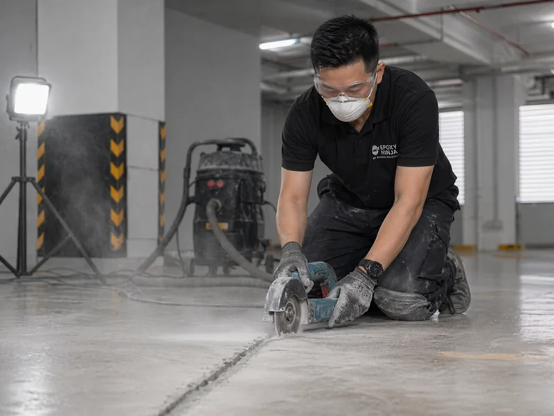 Crack routing repair work on concrete slab