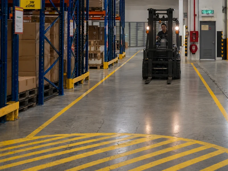 Forklift lane marking with hazard cross-hatch