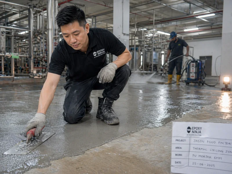 PU mortar troweling at 6mm thickness in food processing