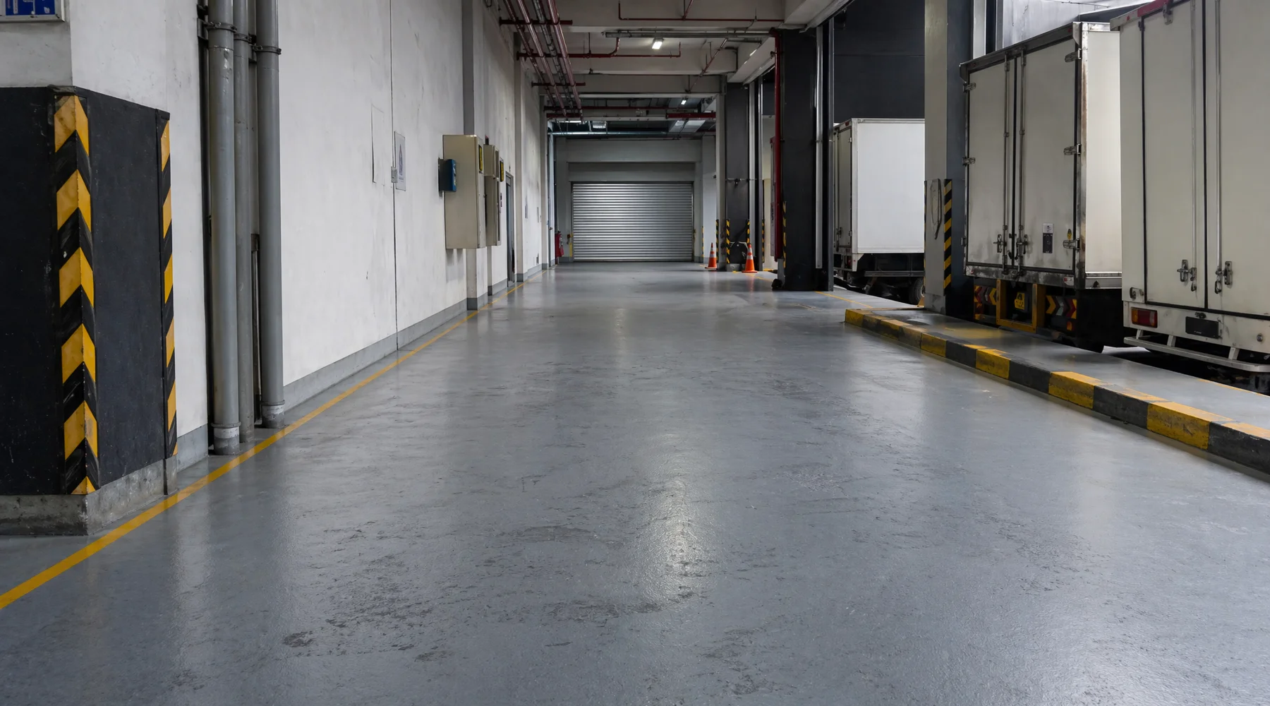 Aged but intact PU mortar floor in heavy-use loading bay after 15 years of