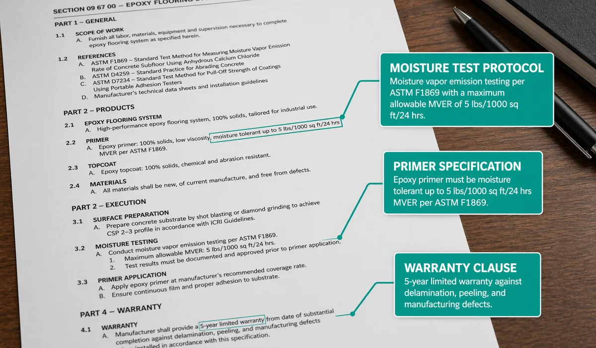 Annotated BQ document callouts highlighting moisture test line primer spec warranty clause — overlay
