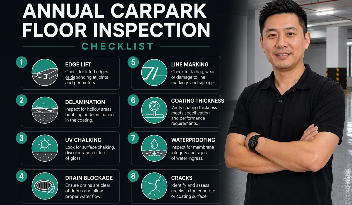 Annual inspection checklist graphic overlay on carpark deck photo 8 checkpoint icons brand teal