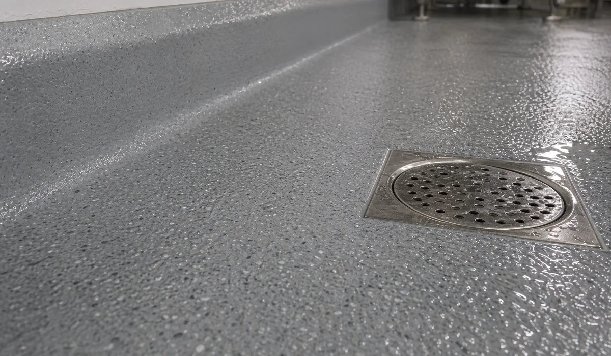 Anti-slip floor sloped toward stainless drain aggregate visible on surface coved to wall.