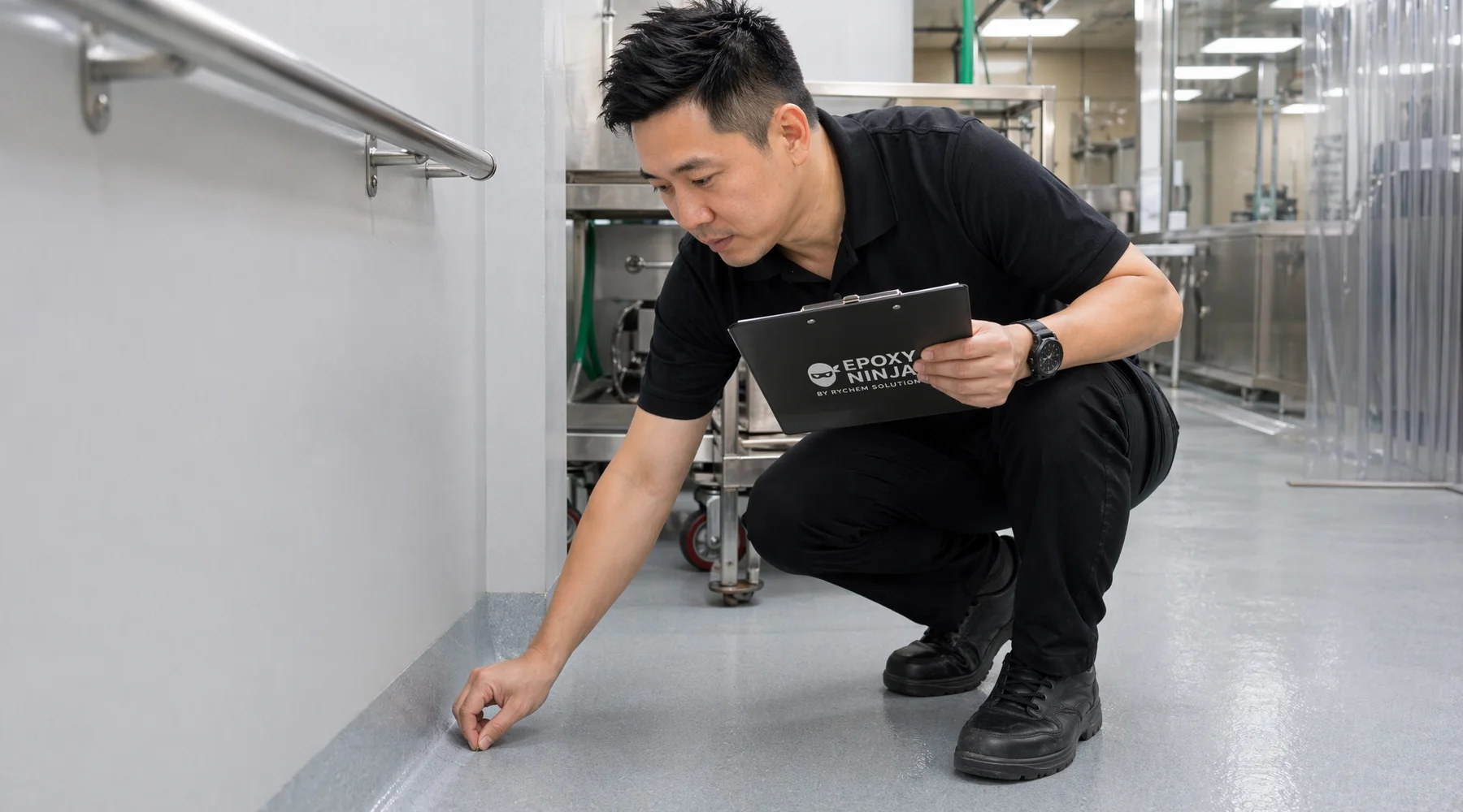Auditor with clipboard inspecting hygienic PU floor in F&B facility close to floor level