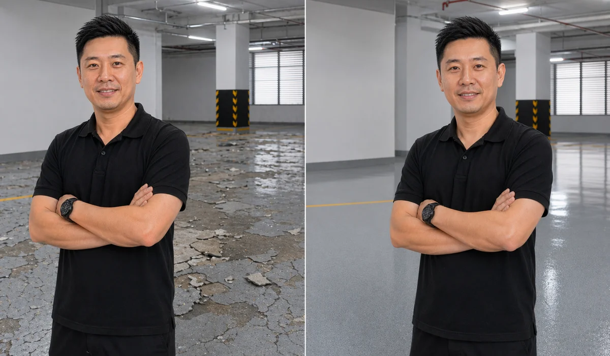 Before and after: failed blistered floor on left freshly remediated section on right same