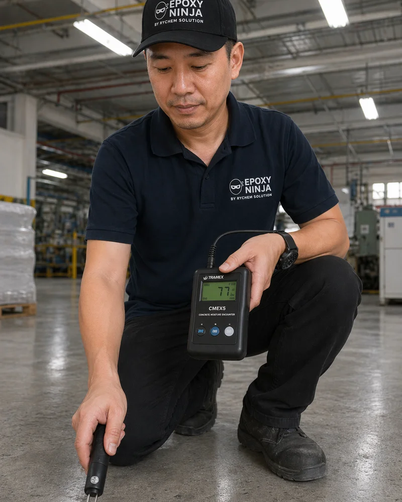 Michael, owner of Epoxy Ninja Johor Bahru, on a factory floor with Tramex moisture meter