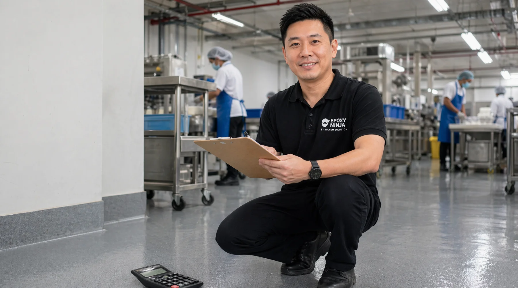 Clean hygienic PU floor in food factory with visible cove budget clipboard and calculator
