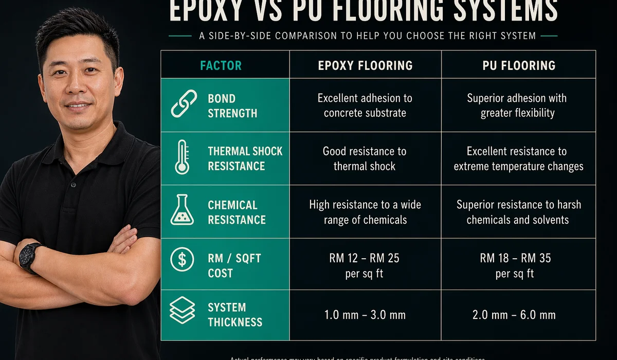 Clean side-by-side comparison infographic: Epoxy vs PU rows covering bond thermal chemical cost; teal