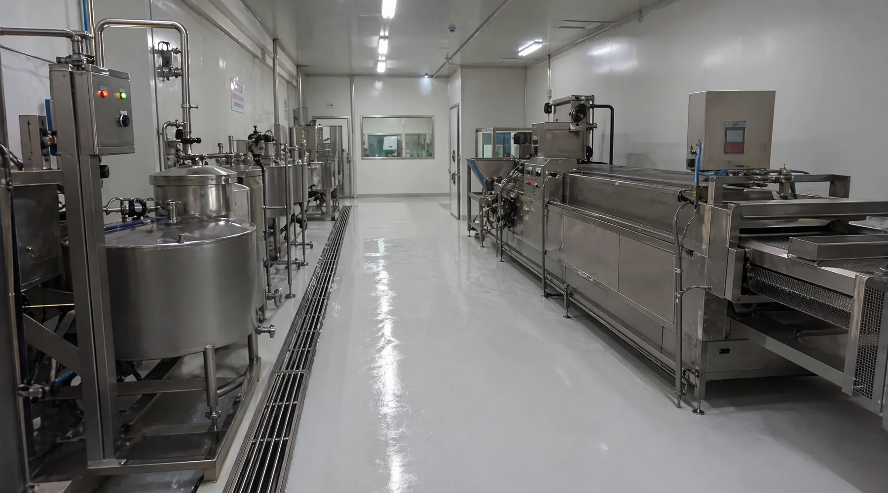 Clean white hygienic PU floor in food processing area with integral cove stainless steel