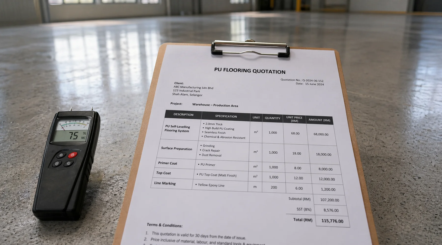 Clipboard with PU flooring quotation over polished concrete slab Tramex meter in frame brand