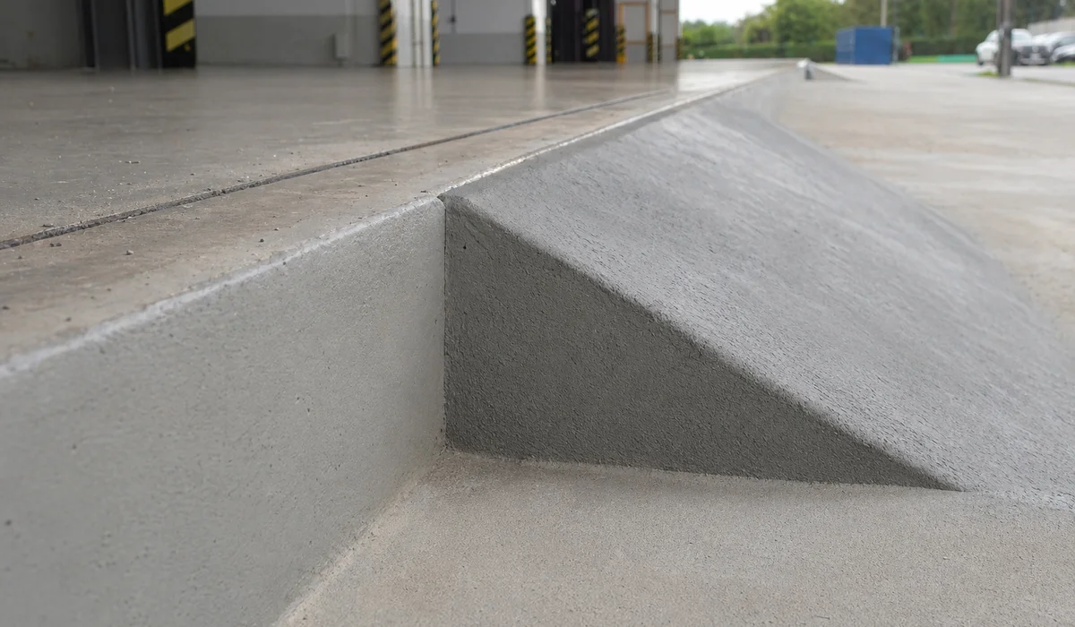 Dock edge chamfer and transition ramp detailing in urethane concrete