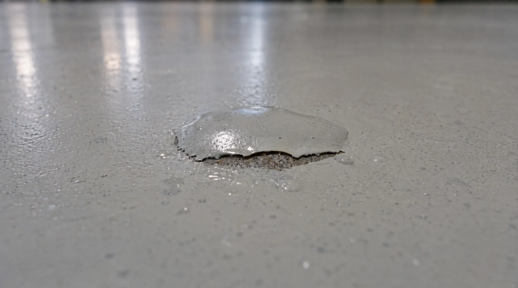 Close-up macro of small epoxy blister forming on warehouse floor caught early before failure