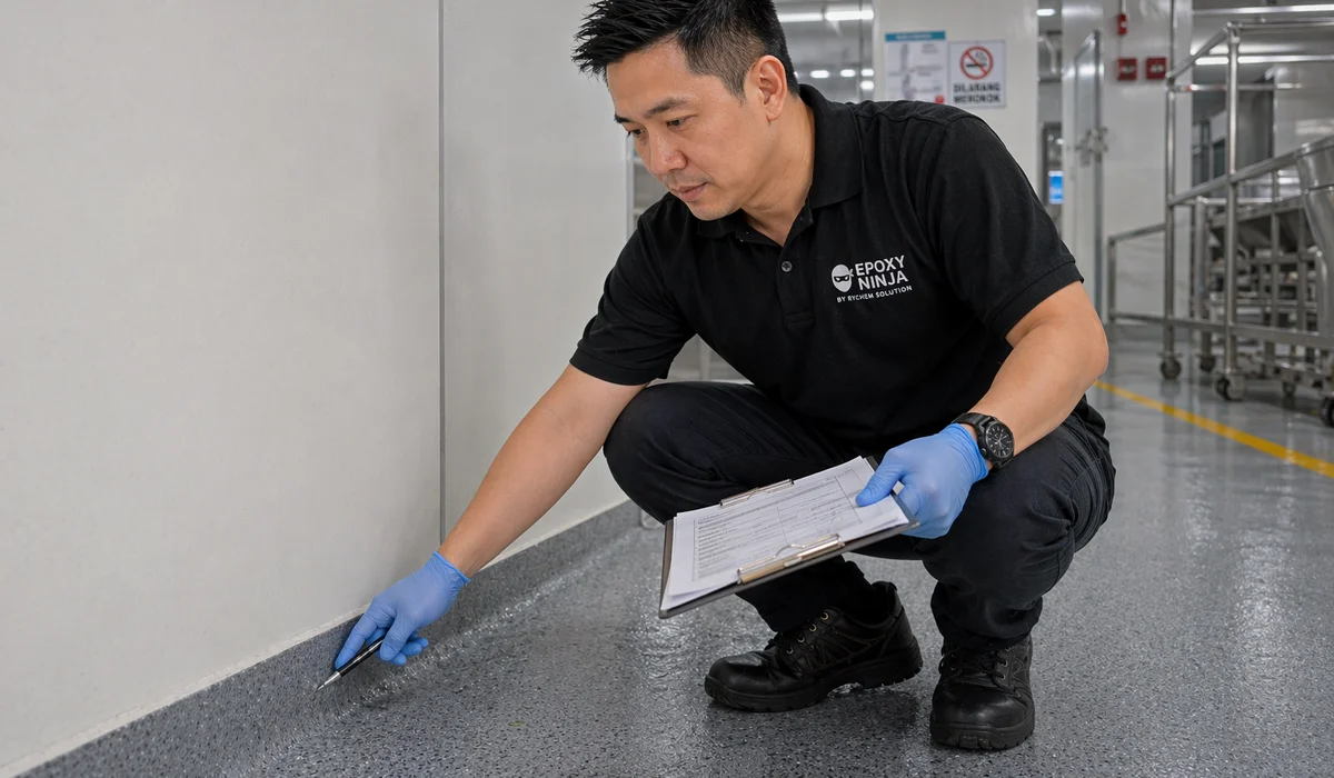 Close-up of auditor clipboard checking hygienic floor details, cove radius slip texture cleanability