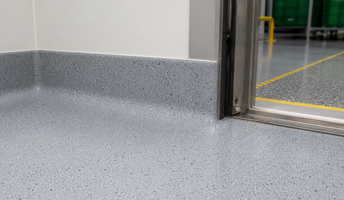 Close-up of coved transition detail between freezer and anteroom visible aggregate texture in PU