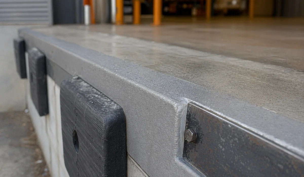 Close-up of dock-edge detail: mortar chamfered against steel angle iron no cracks weathered but