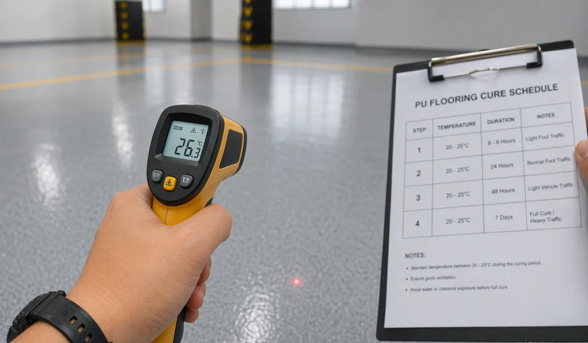 Close-up of infrared thermometer on curing PU floor reading 23°C with cure schedule chart