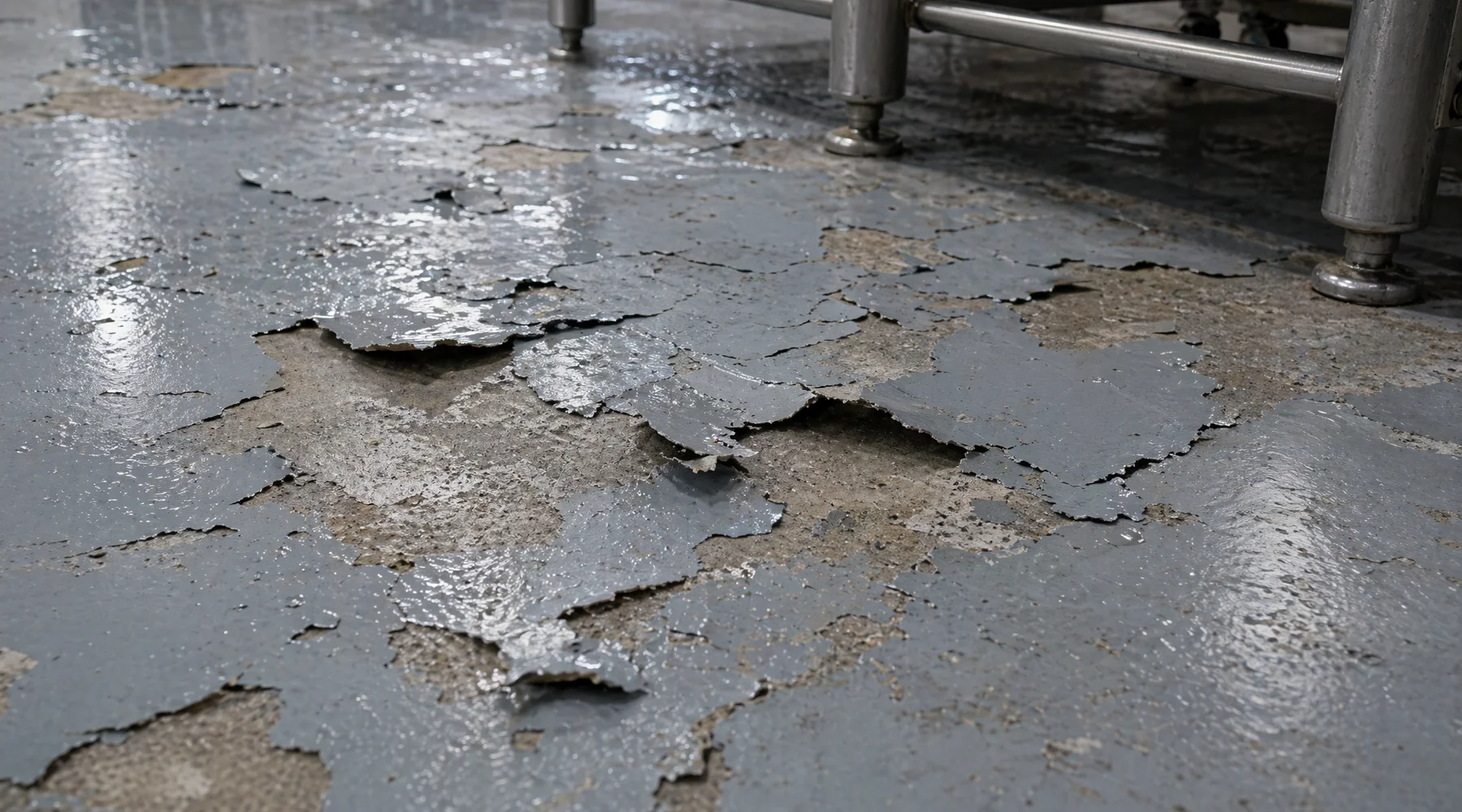 Close-up of peeling blistered epoxy floor in industrial kitchen chunks lifted showing concrete slab