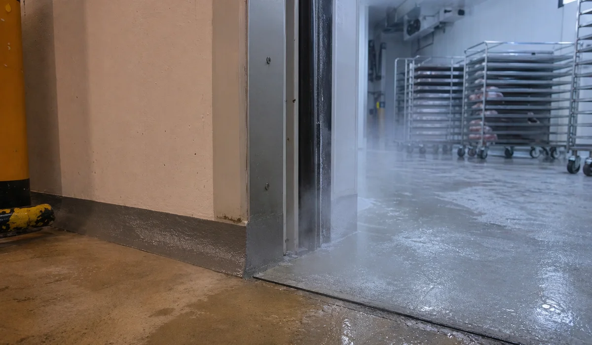Cold storage freezer anteroom transition zone PU mortar visible at floor-wall coving mixed warm-to-cold