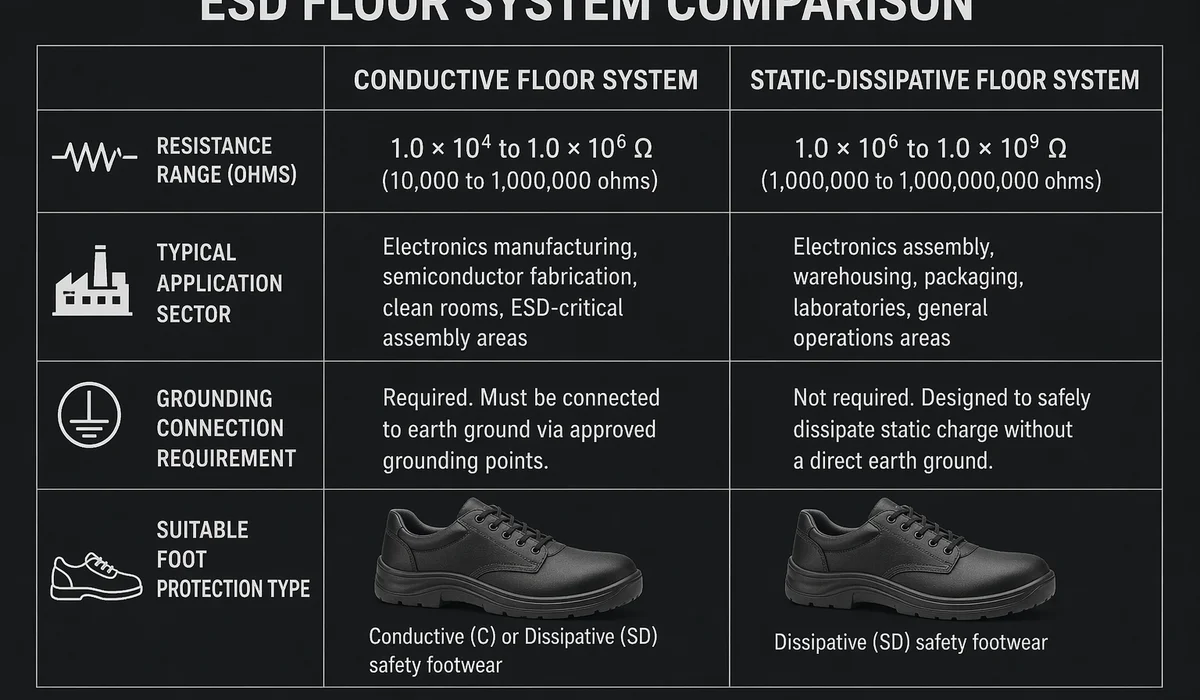 Conductive vs dissipative flooring resistance bands comparison
