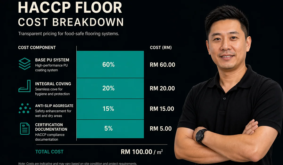 Cost breakdown infographic for HACCP floor: base PU coving aggregate certification — stacked bar