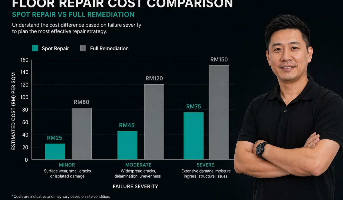 Cost comparison bar chart: spot repair vs full remediation across three failure severities brand