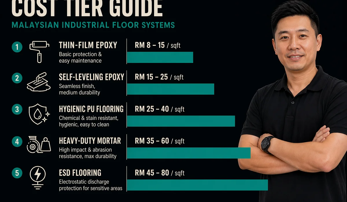 Cost tier infographic: five system types with RM/sqft ranges brand teal accents on dark