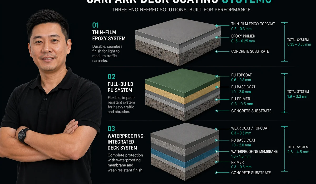 Cross-section diagram of three deck systems: thin-film full-build PU waterproofing-integrated, layered and labeled
