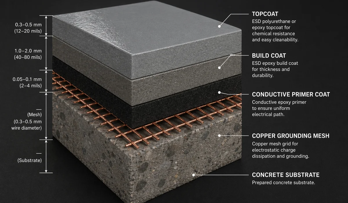 Cross-section diagram showing concrete copper grounding mesh conductive primer buildcoat topcoat — labeled layers