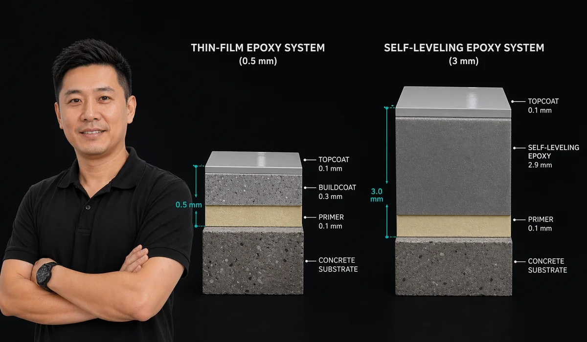 Cross-section diagram: thin-film layer at 0 5mm vs self-leveling at 3mm labeled thickness and