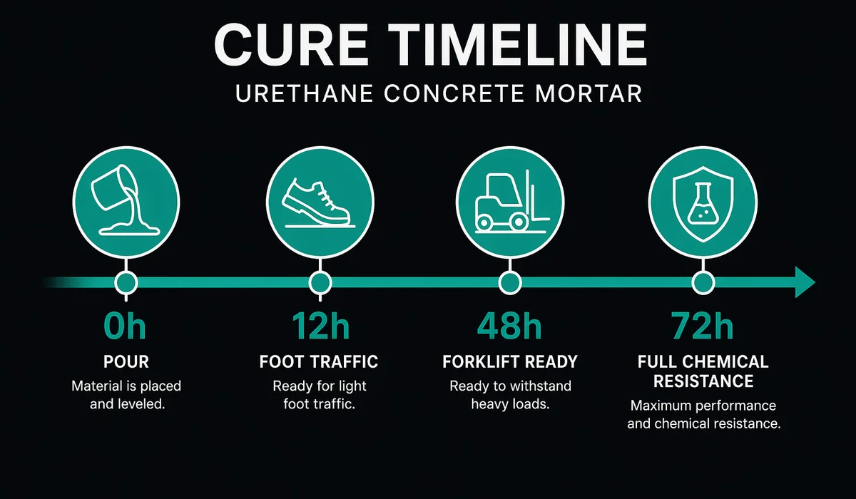 Cure timeline chart: hour 0 pour 12h foot traffic 48h forklift 72h full chemical