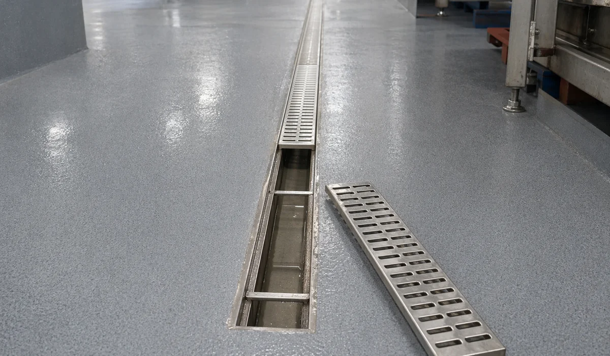 Drainage slope integration with R12 anti-slip hygienic PU flooring