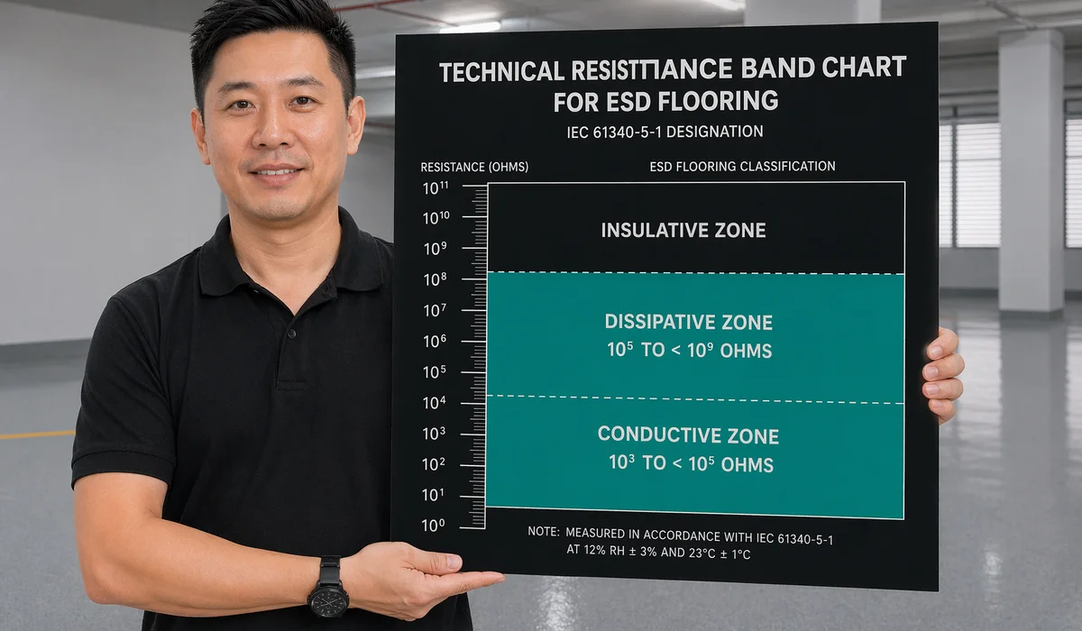 ESD resistance band chart: 10³ to 10¹¹ Ω with pass zones highlighted labeled conductive/dissipative/insulative