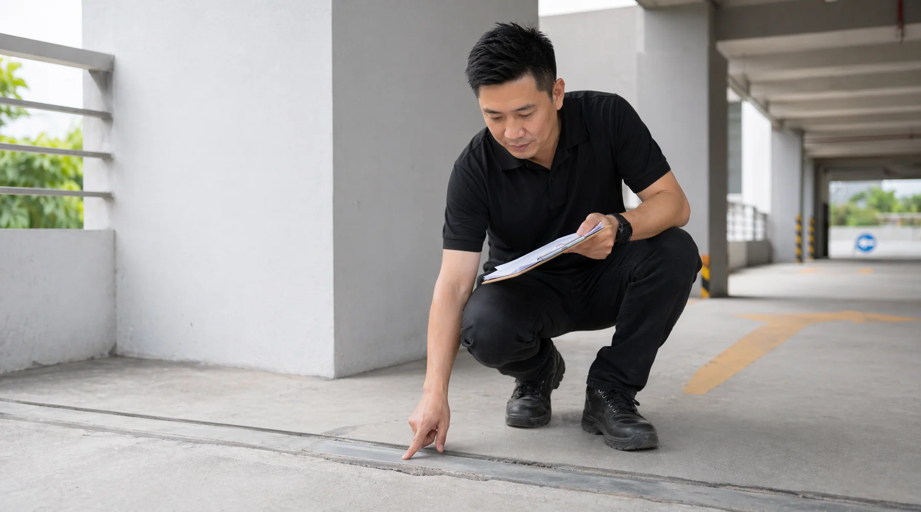 Facility manager inspecting carpark deck with clipboard pointing at minor edge lift at expansion