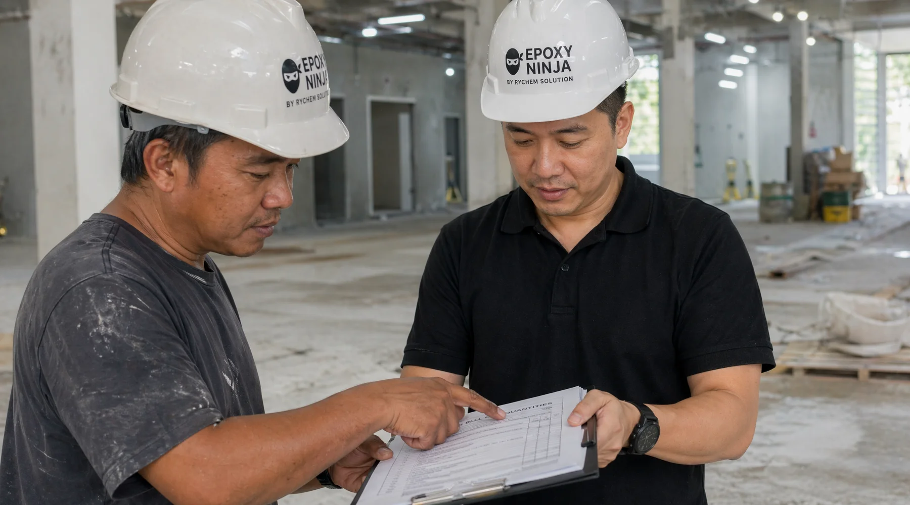 Factory manager and flooring contractor reviewing BQ document on clipboard beside unfinished slab authentic