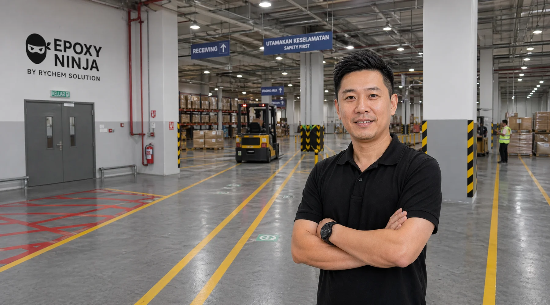 Factory floor with yellow walkway lines and hazard zoning