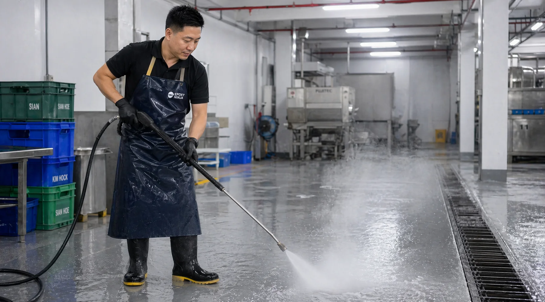 Factory worker hosing down seafood processing floor with steam at 80°C PU floor with