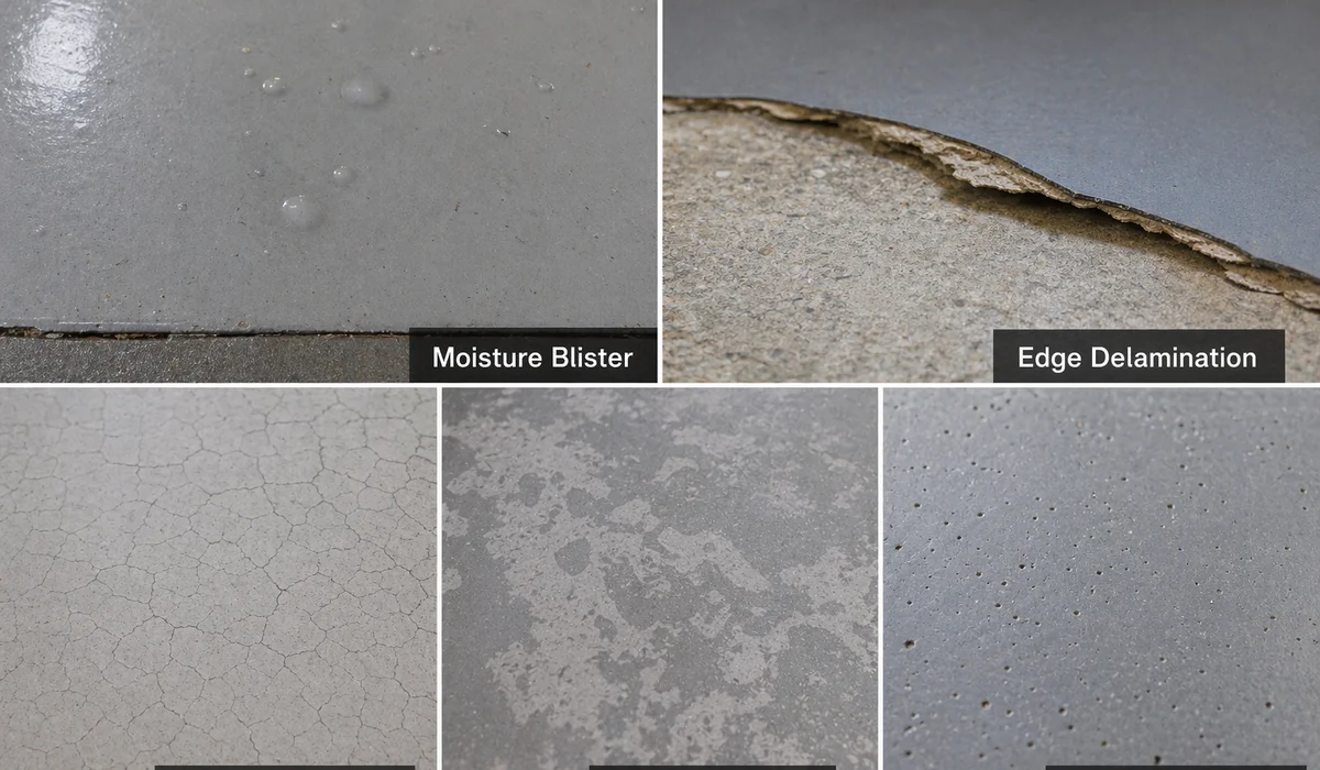 Five failure-mode visual panel: moisture blister edge delamination crazing chemical etch pinholing, labeled