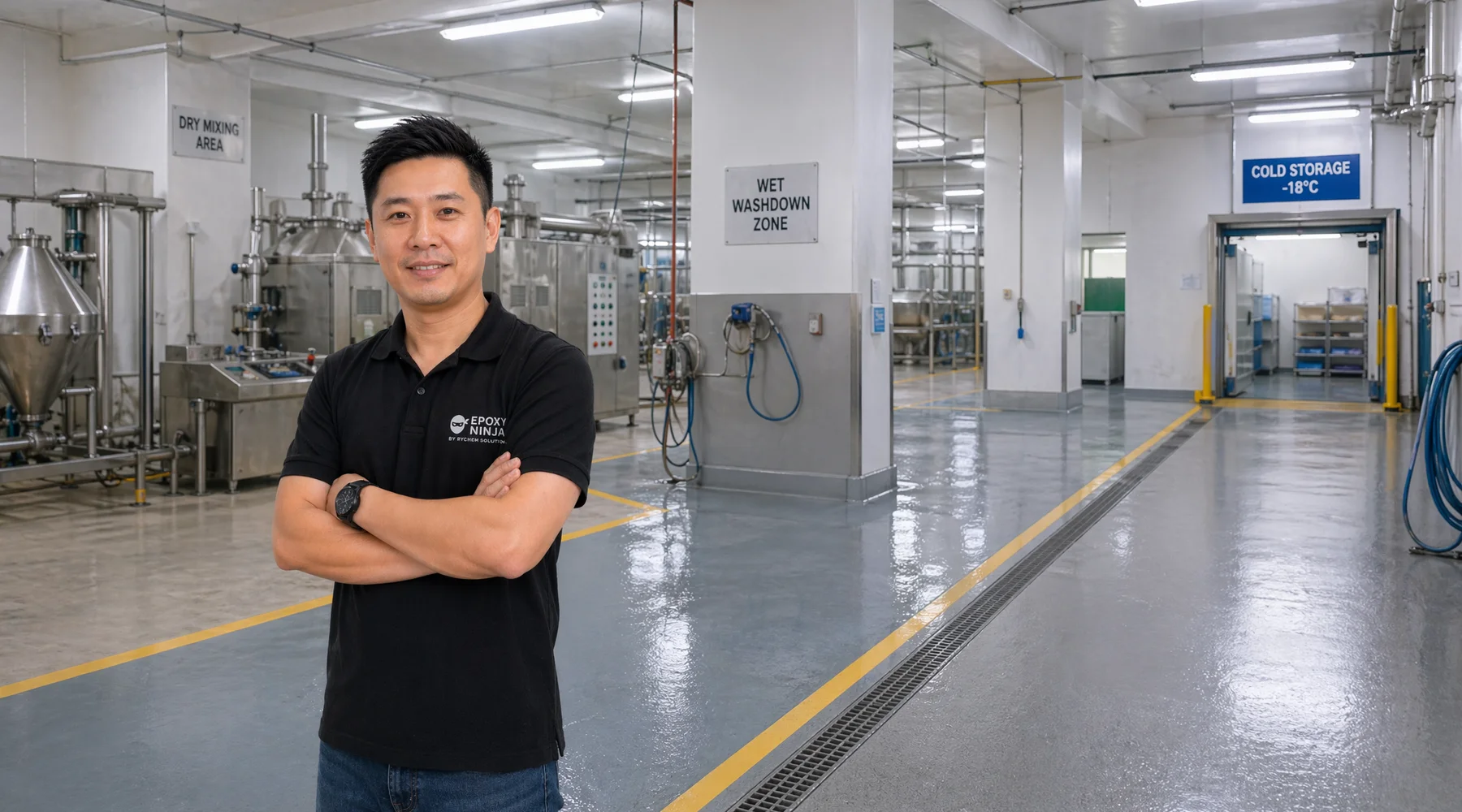 Food processing facility overview with zoned floors — dry mixing area wet washdown zone