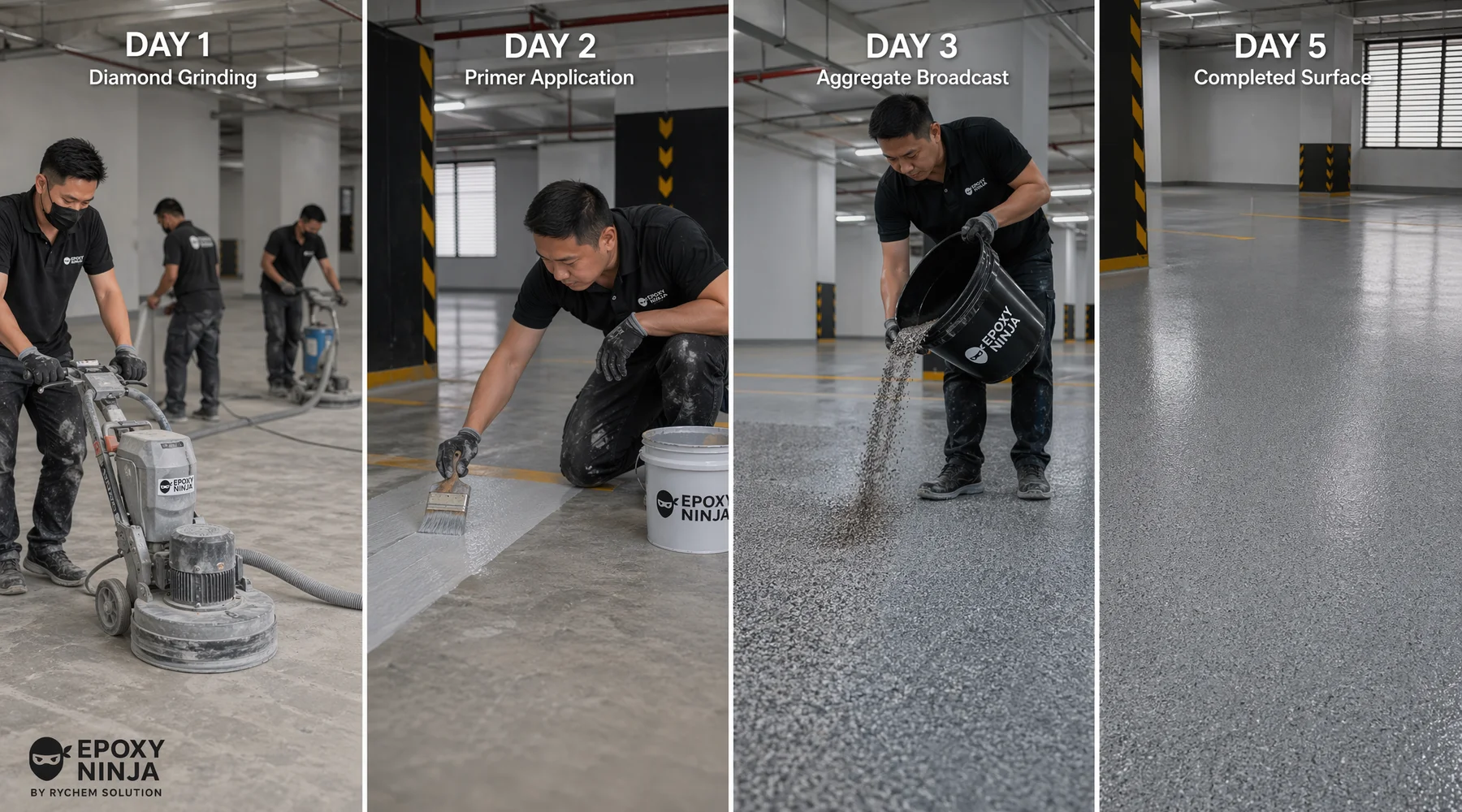 Four-panel install progress photo: Day 1 grinding Day 2 primer Day 3 broadcast Day