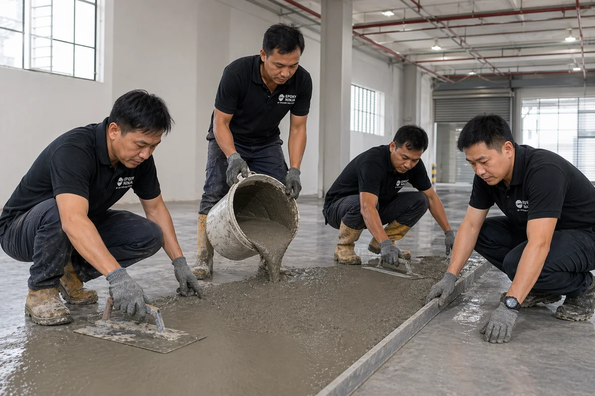 Epoxy Ninja installation crew mid-pour on warehouse slab