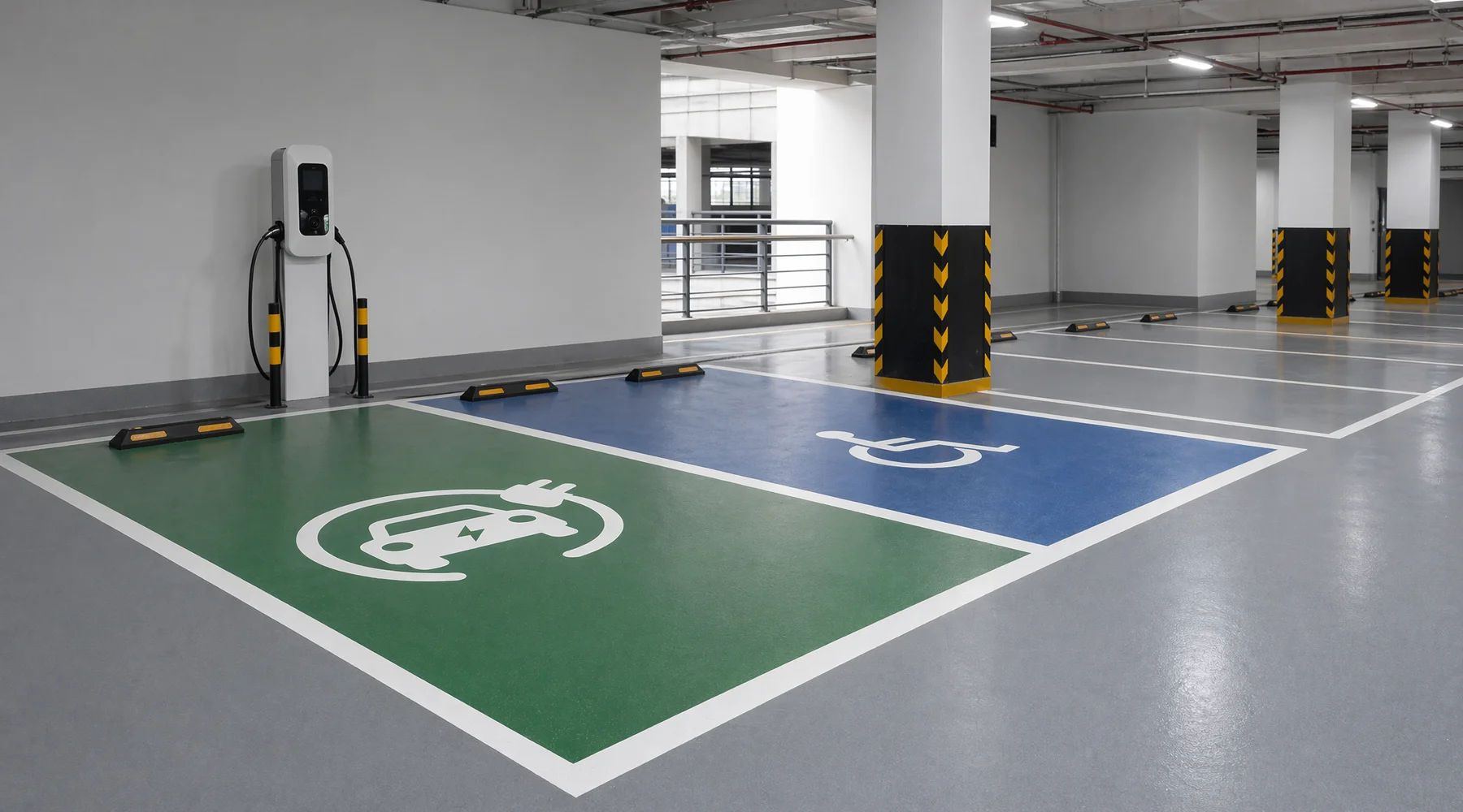 Freshly painted carpark bays with clear line marking EV bay in green disabled bay