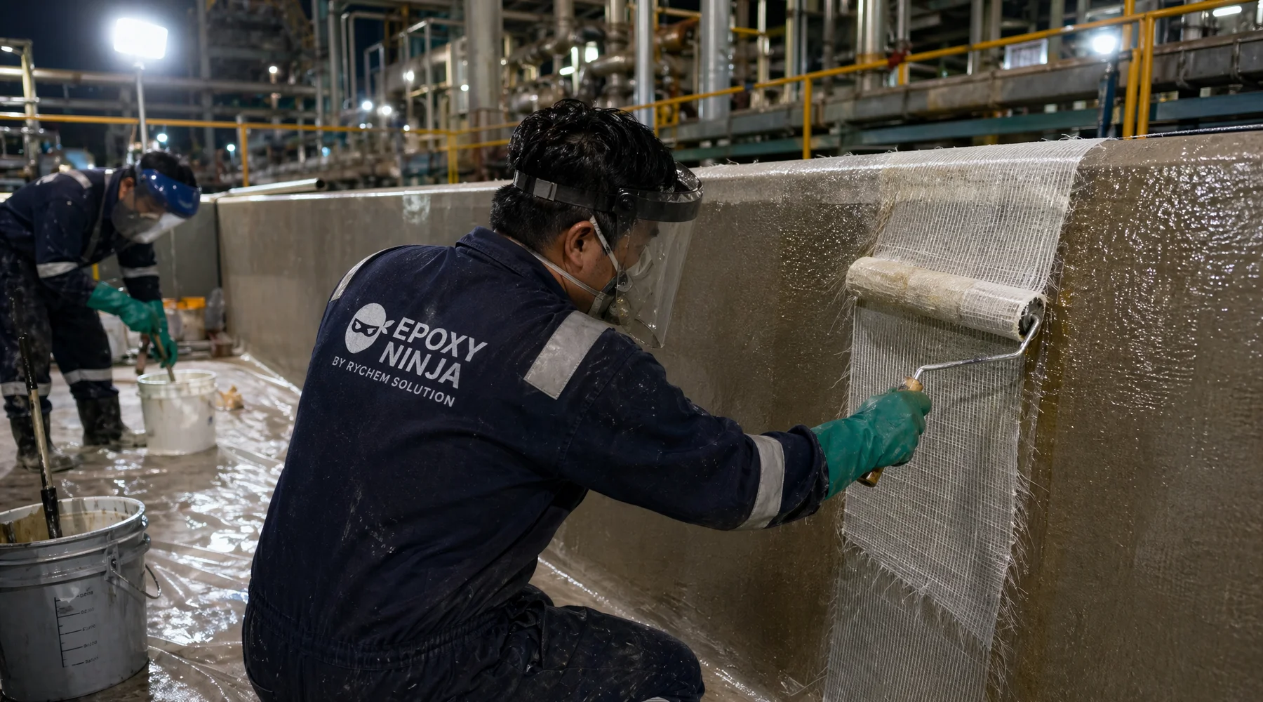 FRP chemical-resistant lining installation in petrochemical bund