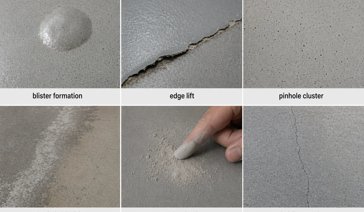 Grid of 6 failure-mode photos: blister edge lift pinhole color change powder crack -